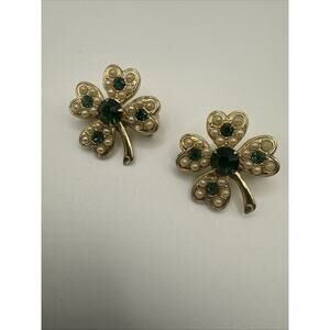 Lot of Two Shamrock Scatter Pins Gold Tone Rhinestone Imitation Pearl LOOK READ